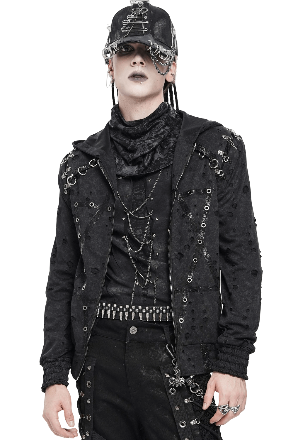 Gothic Distressed Zip Jacket with Rings and Spiked Back worn by a model in black with punk rock accessories.
