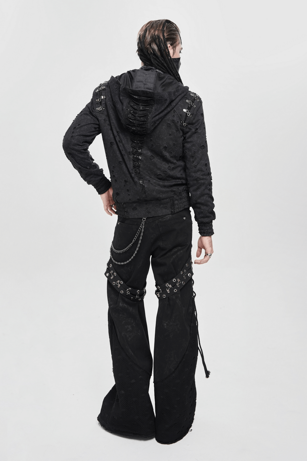 Model showcasing Gothic Distressed Zip Jacket with Rings and Spiked Back, featuring a hood and spiked details.