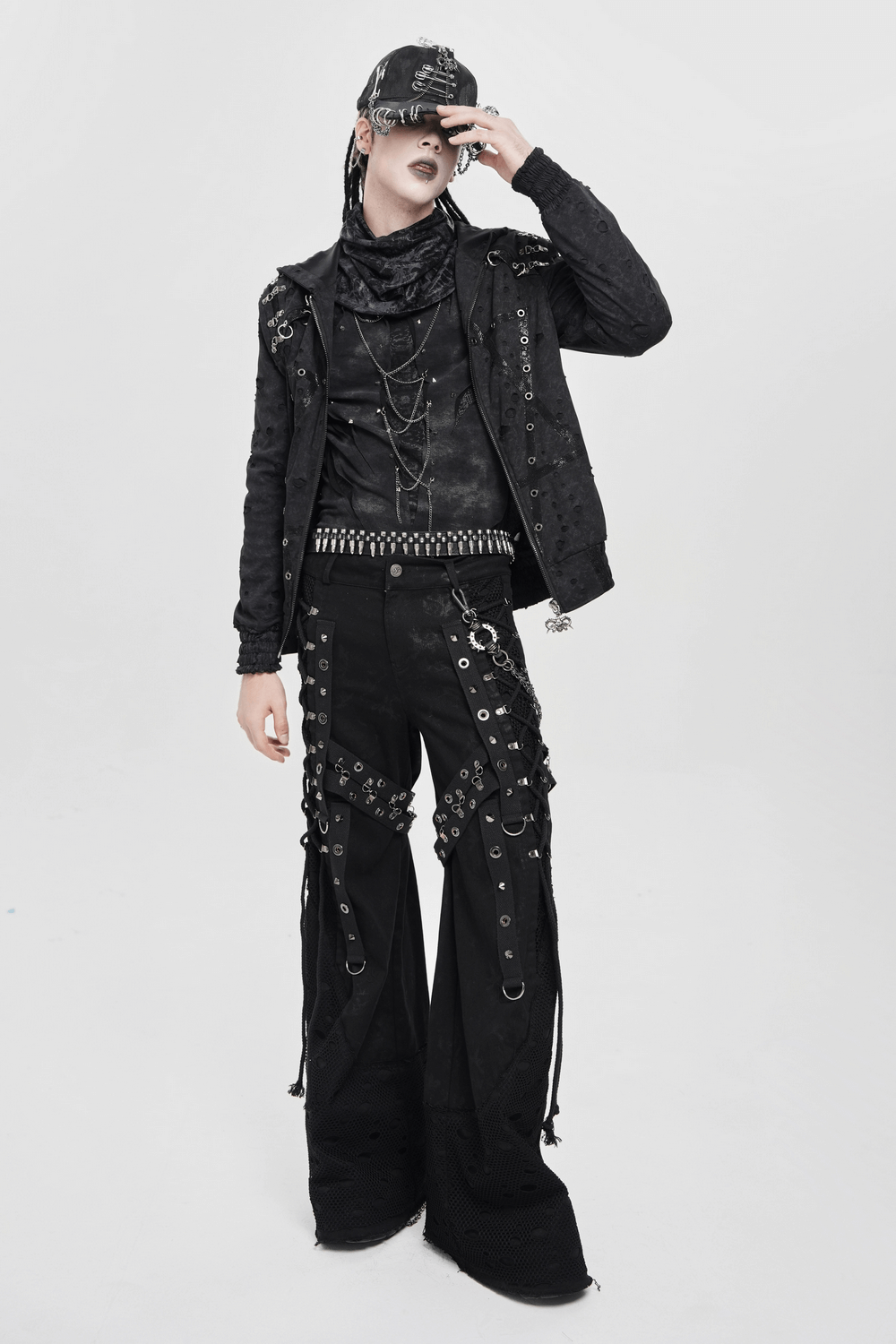 Gothic Distressed Zip Jacket with Rings and Spiked Back worn in a bold punk rock outfit with metal details.