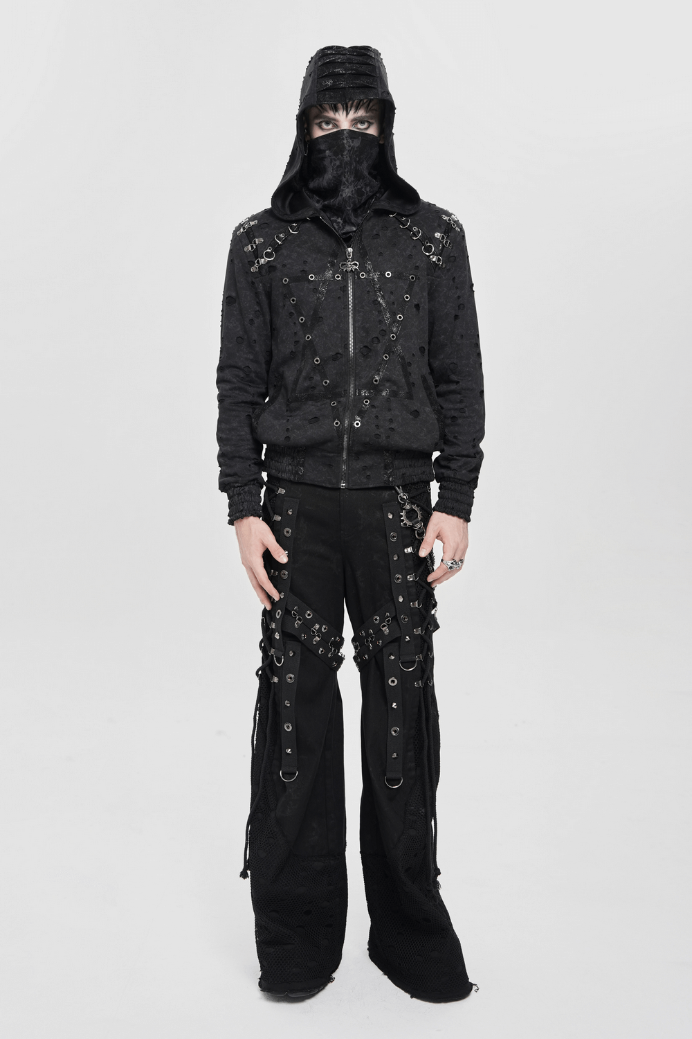 Gothic Distressed Zip Jacket with Rings and Spiked Back worn by model, showcasing punk rock style and metal details.