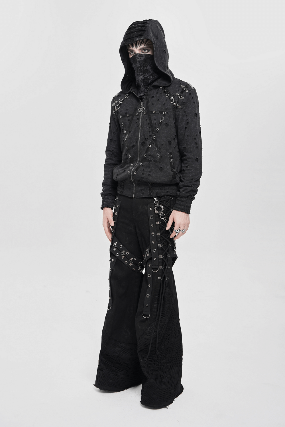 Gothic Distressed Zip Jacket with Rings and Spiked Back worn with punk rock style, featuring lace panels and metal details.