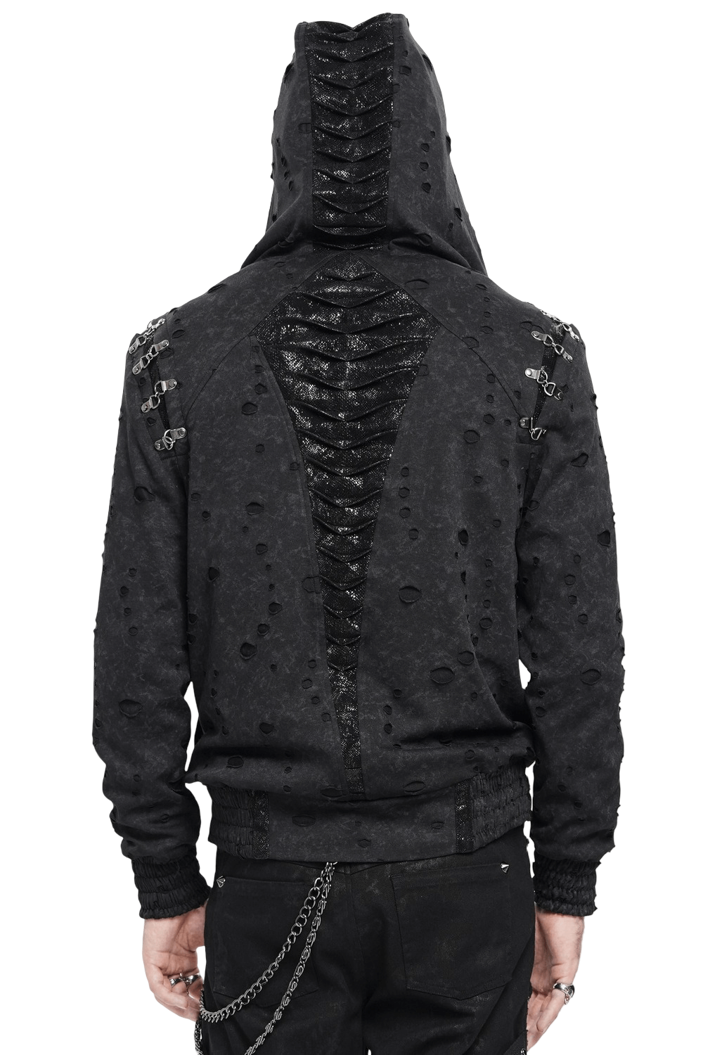Gothic Distressed Zip Jacket with Rings and Spiked Back showcasing intricate lace panel and metal eyelet details.