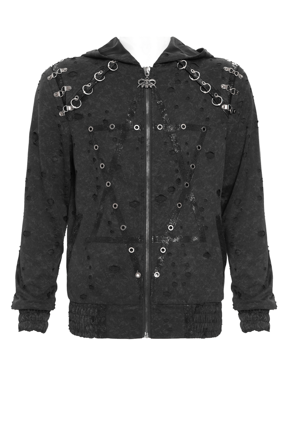 Gothic Distressed Zip Jacket with Rings and Spiked Back featuring lace panels and metal eyelets.