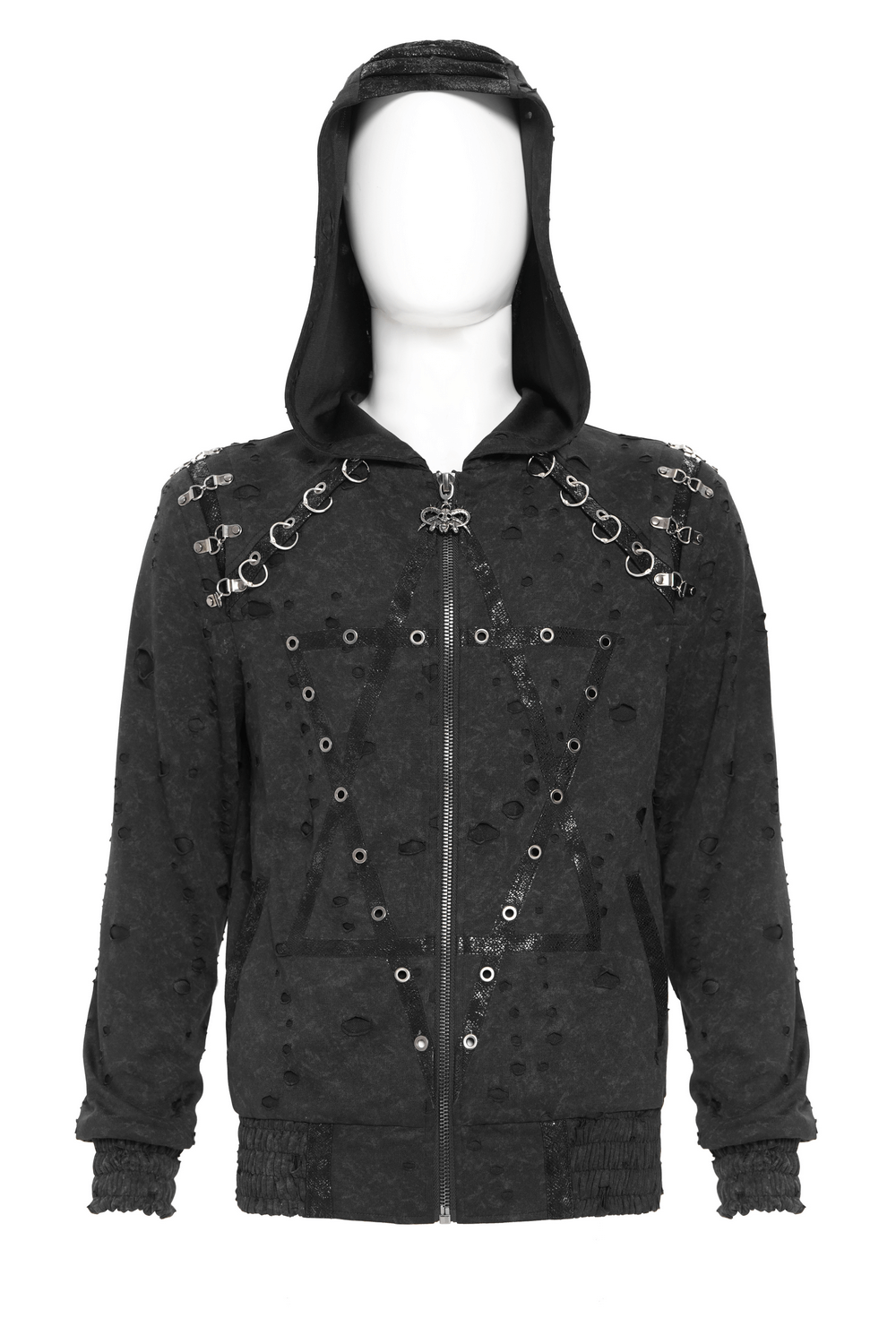 Gothic Distressed Zip Jacket with Rings and Spiked Back featuring metal eyelets and a lace panel hood.