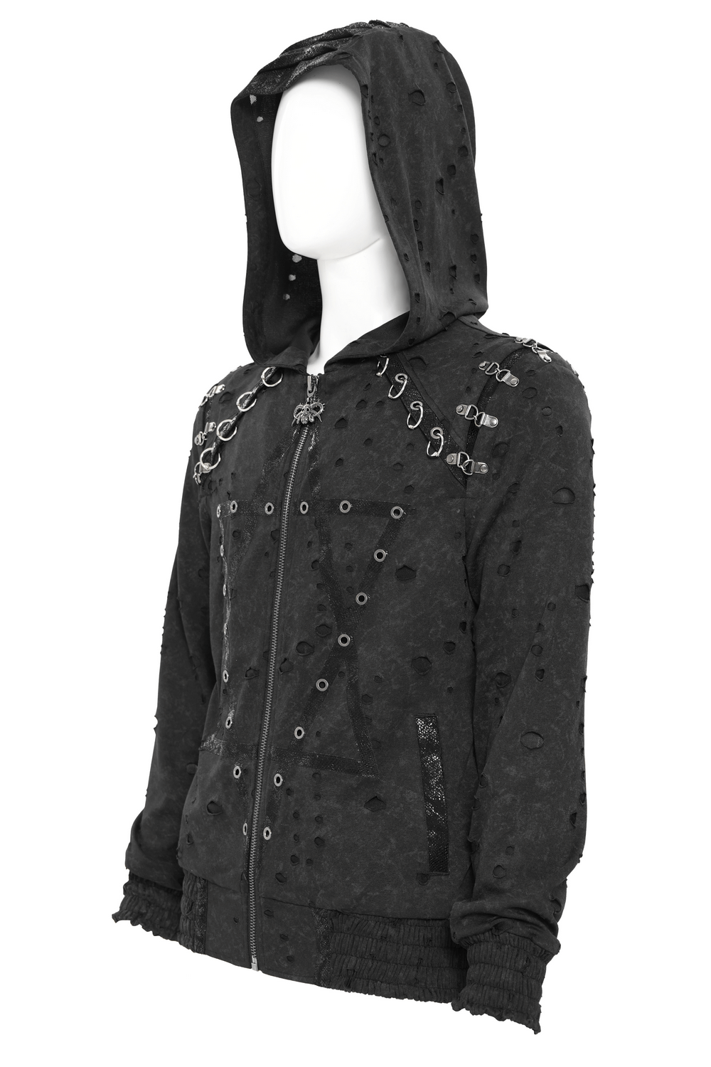 Gothic Distressed Zip Jacket with Rings and Spiked Back on a mannequin, featuring metal eyelet details and lace panel.