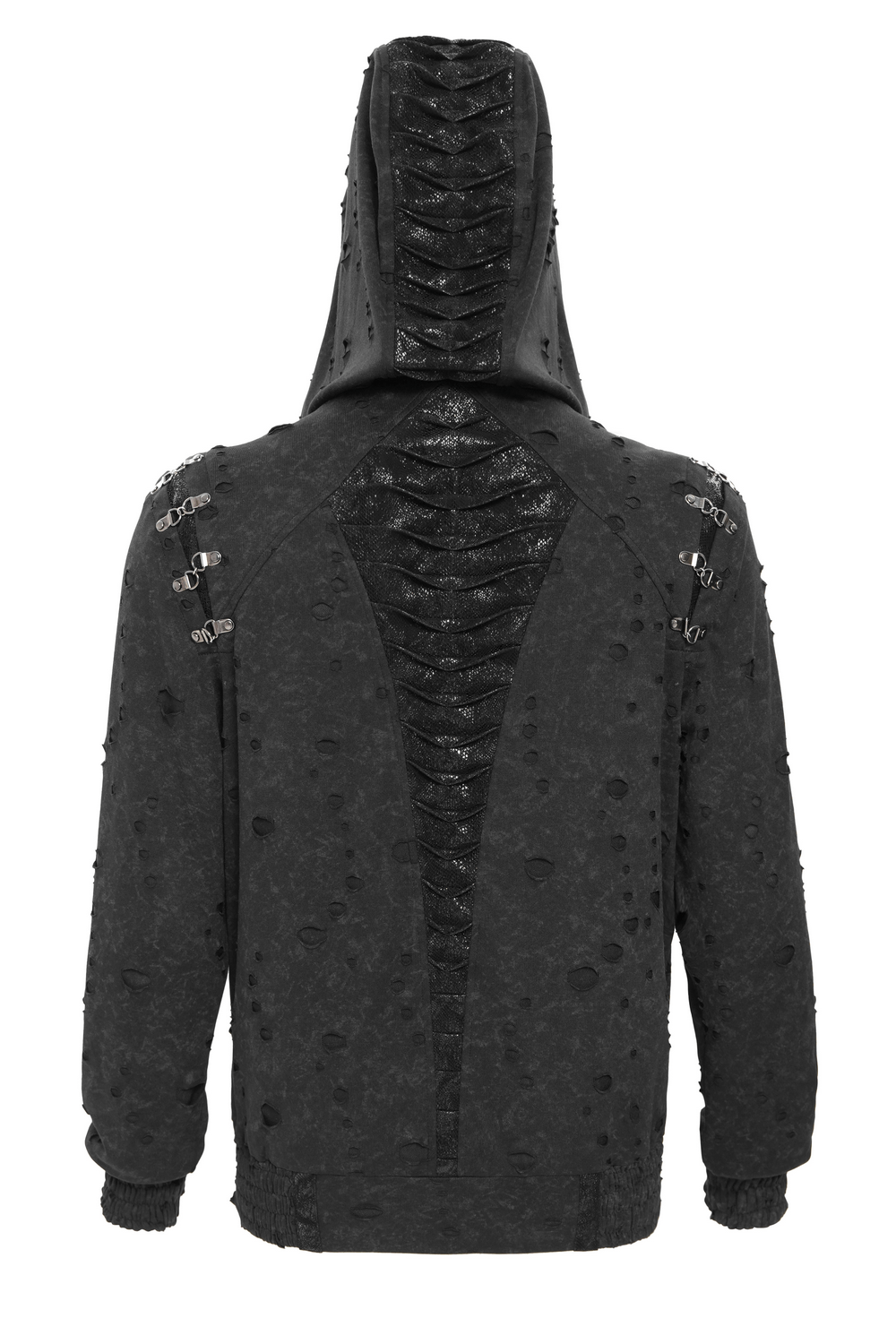 Gothic Distressed Zip Jacket with Rings and Spiked Back showcasing lace panel and metal eyelets from the back.