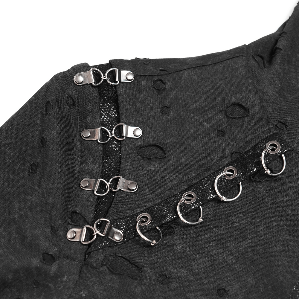 Gothic Distressed Zip Jacket with Rings and Spiked Back showcasing metal eyelet details and lace panel accents.
