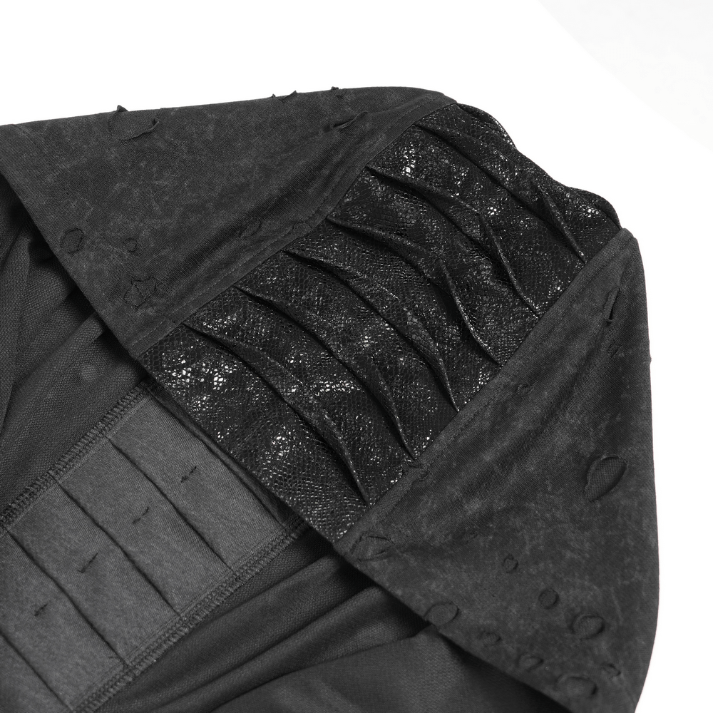Gothic Distressed Zip Jacket with Rings and Spiked Back close-up of stitched lace panel and textured fabric details