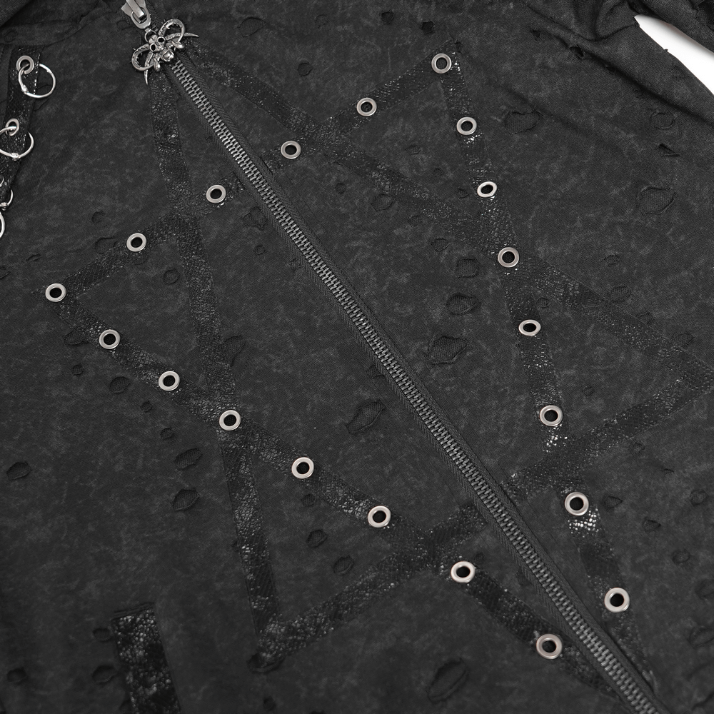 Gothic Distressed Zip Jacket with Rings and Spiked Back featuring metal eyelets and a distressed finish.