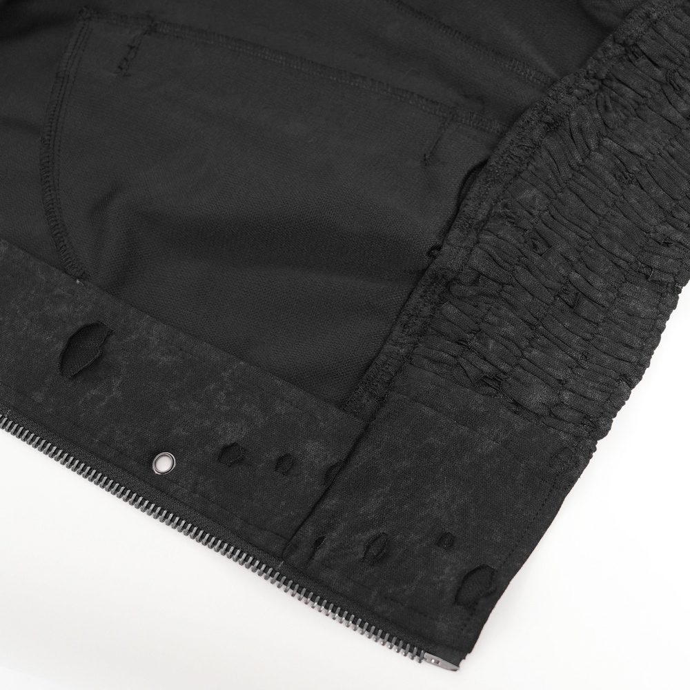 Gothic Distressed Zip Jacket with Rings and Spiked Back showcasing a detailed view of the distressed fabric and metal eyelets.