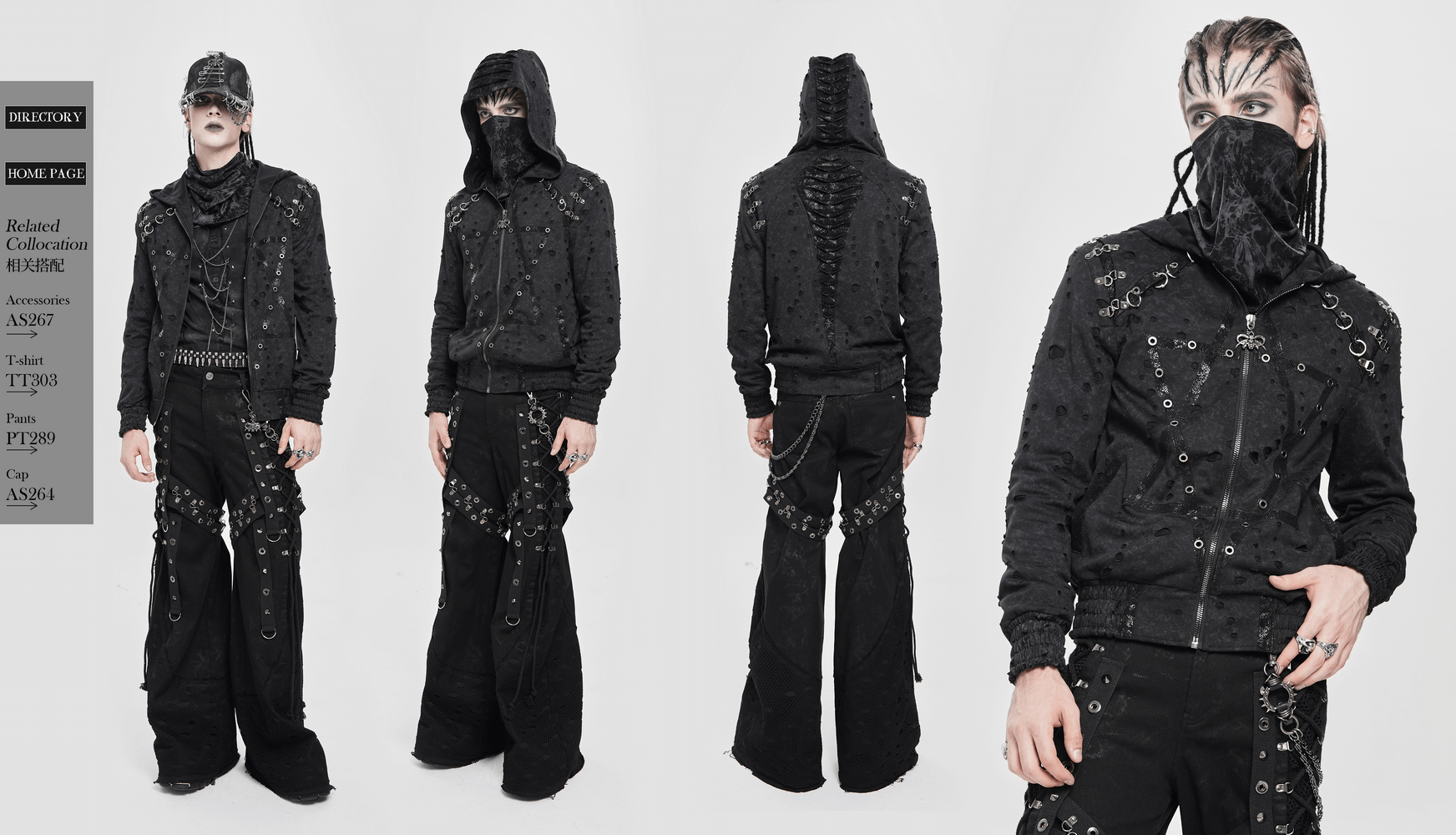 Gothic Distressed Zip Jacket with Rings and Spiked Back worn by model, showcasing punk rock details and dark fashion style.