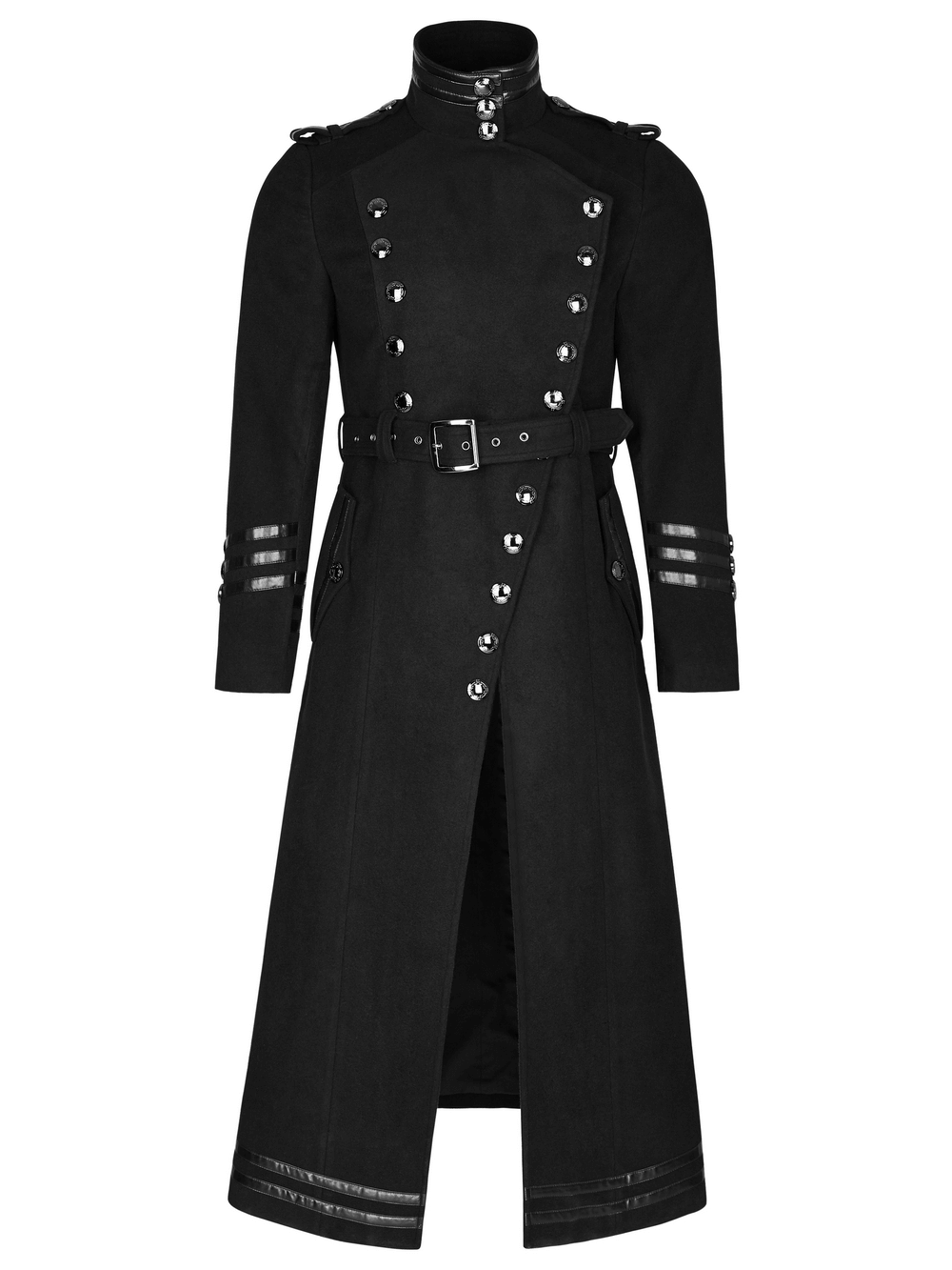 Gothic double-breasted wool coat with belt, metal accents, and military-inspired design for men.