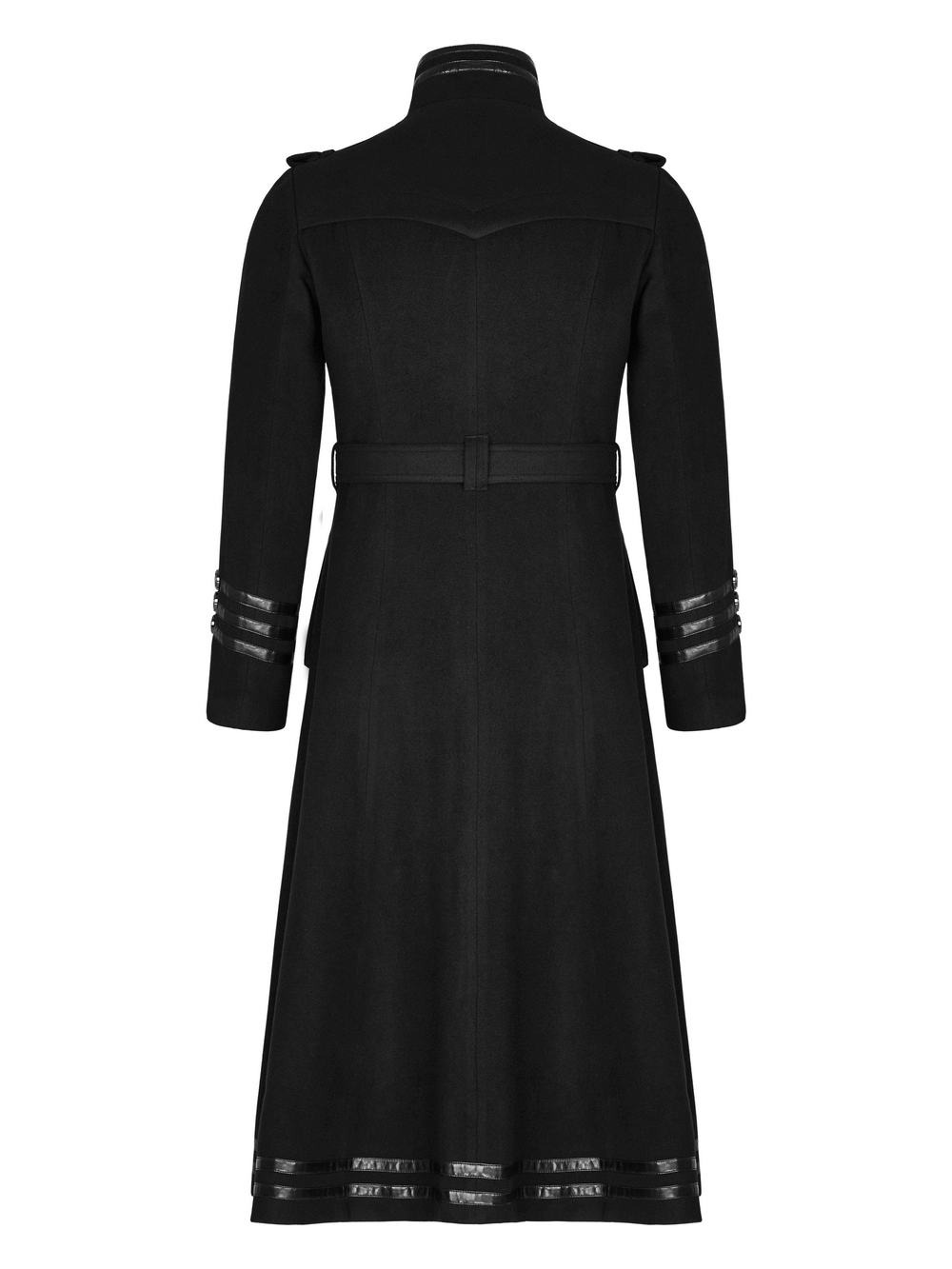 Gothic double-breasted coat with belt, featuring military-style details and sleek metal accents, back view.