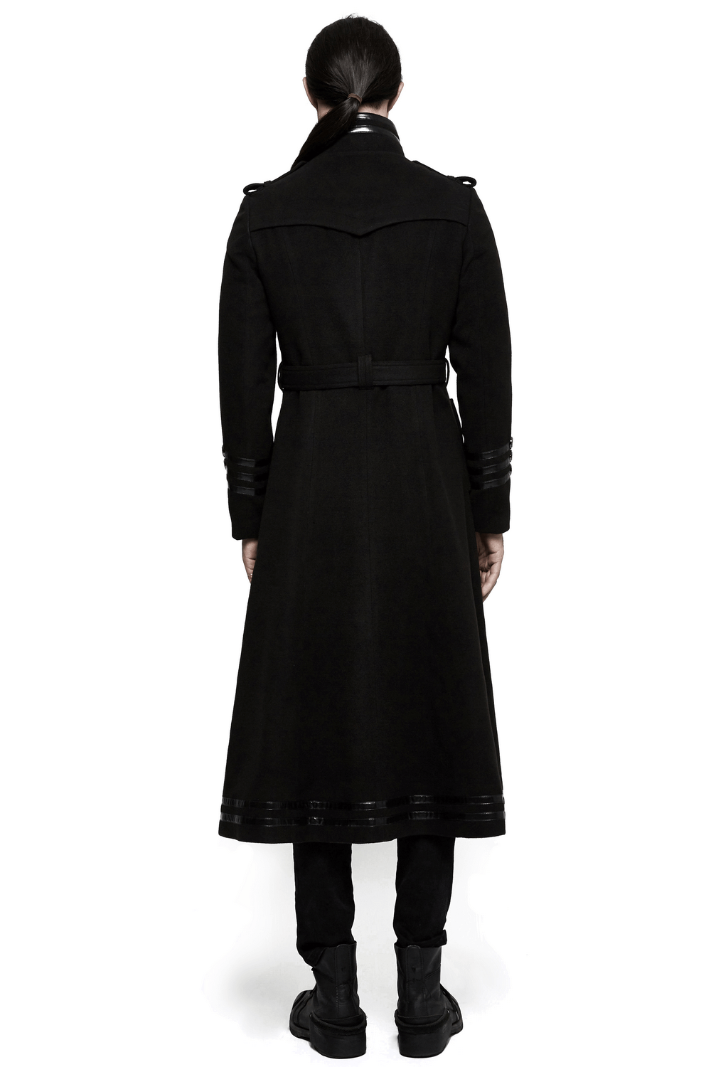 Back view of a gothic double-breasted long coat with belt and metal accents, showcasing its sleek military-inspired design.