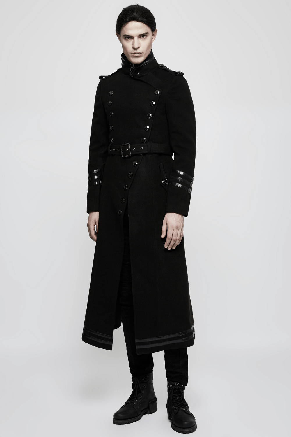 Gothic double-breasted coat with belt, metal accents, and military-inspired design for men.