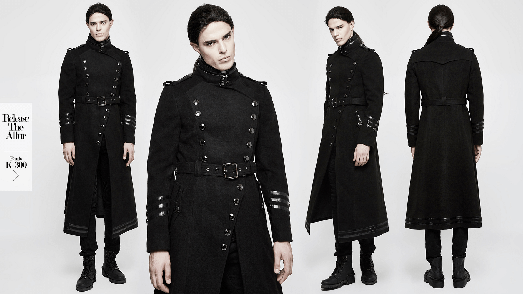 Gothic double-breasted coat with removable belt and metal accents, perfect for a military-inspired style.