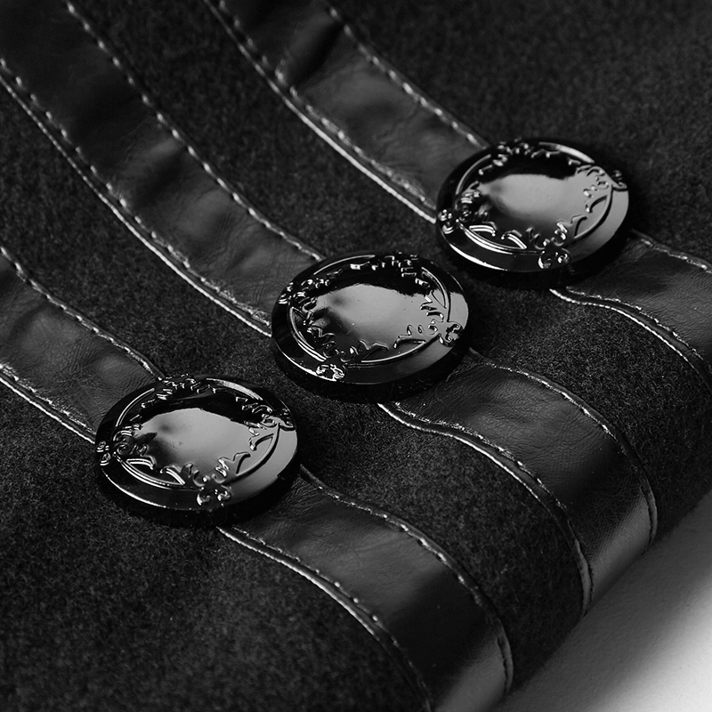 Close-up of gothic coat's hook flower metal buttons and textured fabric showcasing sleek accents.