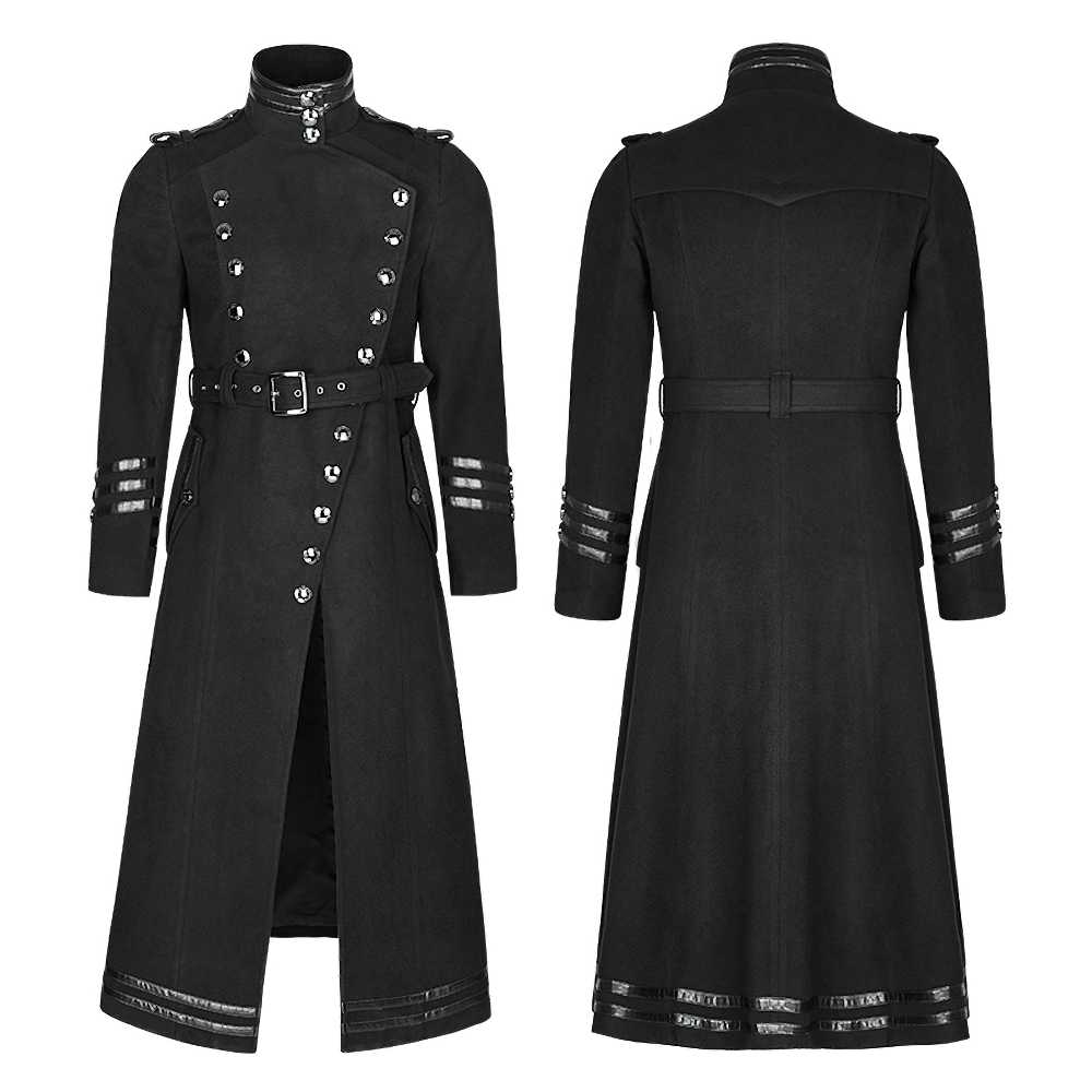 Gothic double-breasted coat with belt, metal accents, and military-inspired designs, perfect for a bold look.