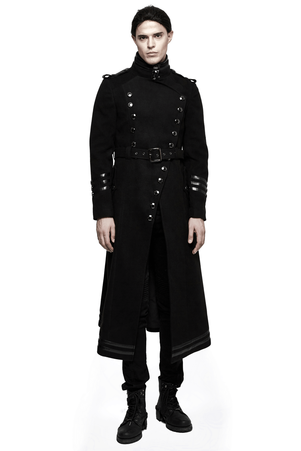 Gothic double-breasted coat with belt and metal accents, featuring military-inspired details and a sleek fit for men.