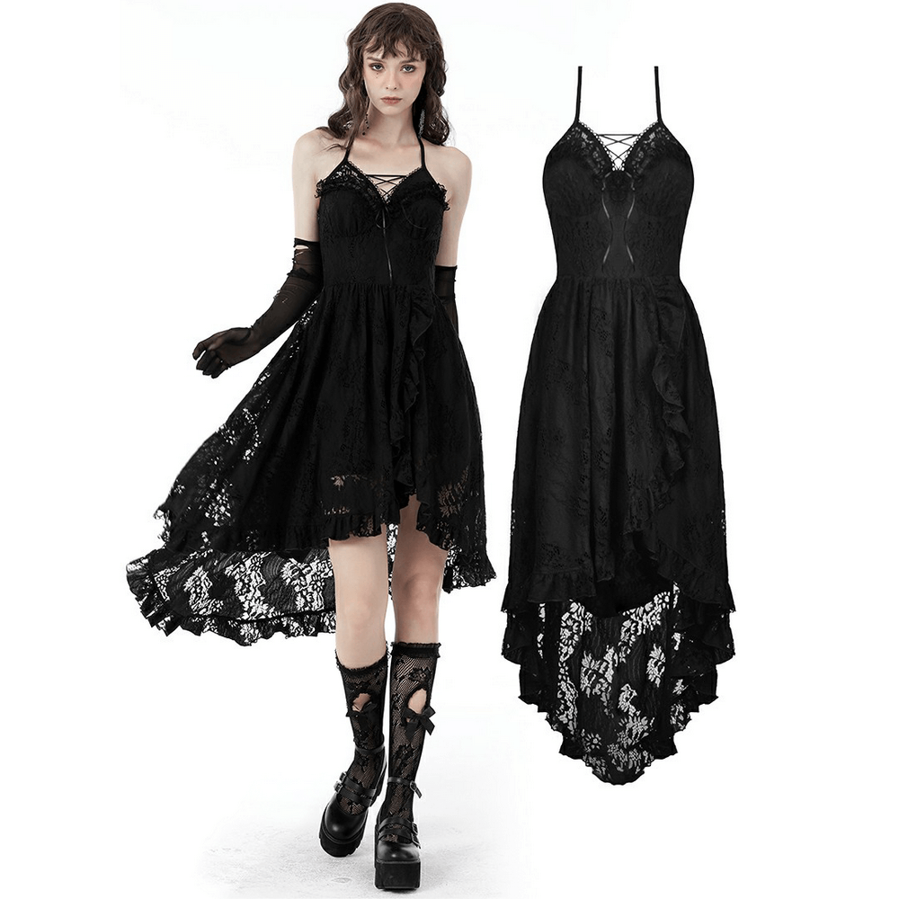 Gothic black lace hi-low dress with ruffles and tuxedo bodice for a romantic allure.