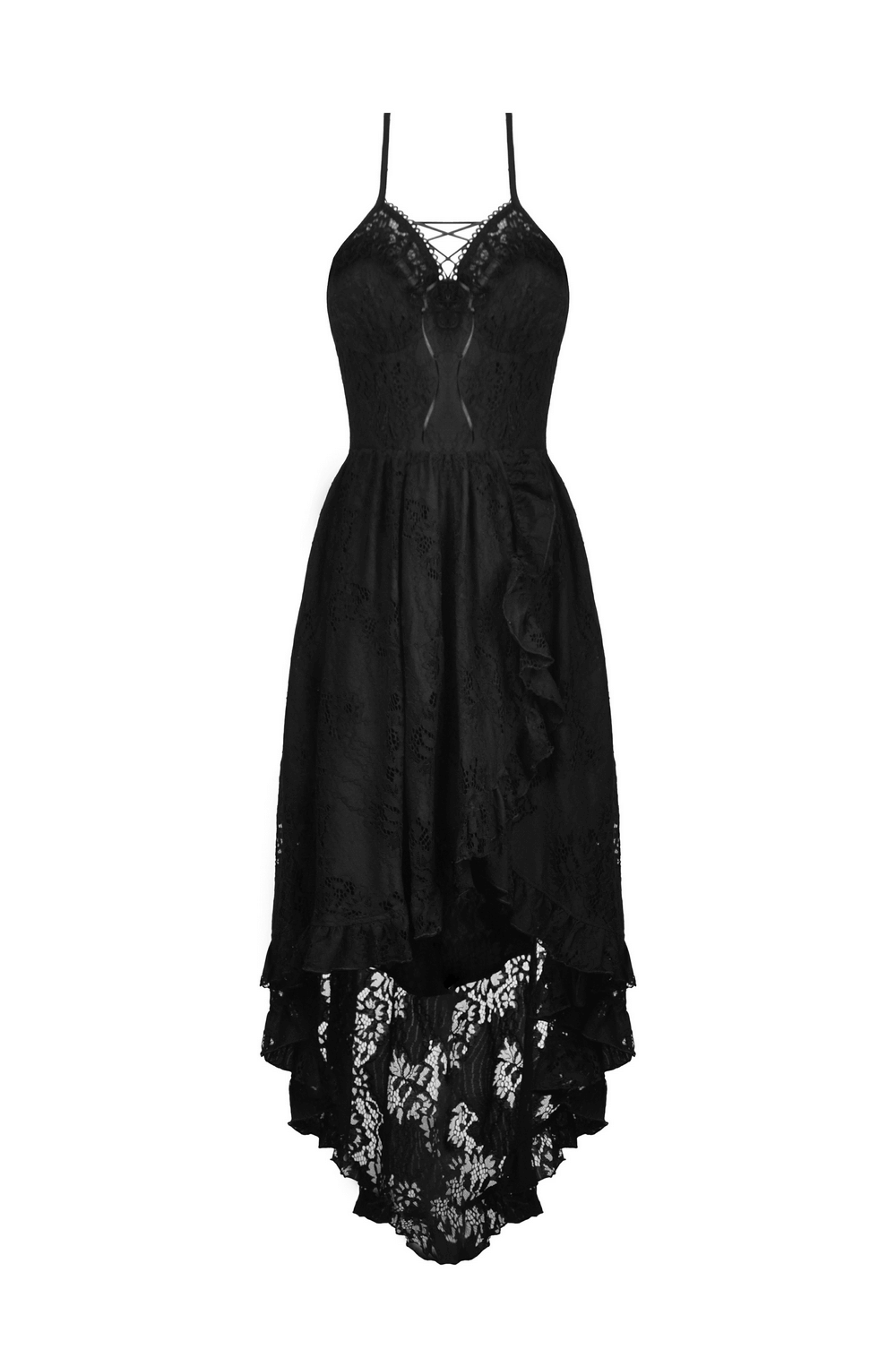 Gothic black lace hi-low dress with ruffle detailing and a tuxedo-inspired bodice for a romantic look.