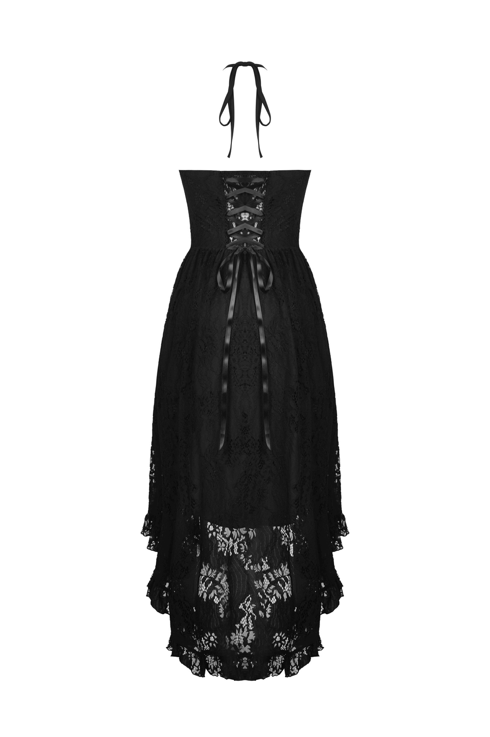 Black lace hi-low dress with ruffle detailing and tuxedo-inspired bodice, perfect for goth fashion.