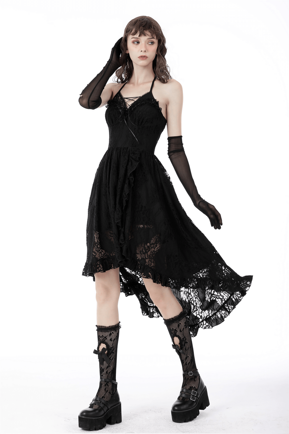 Gothic black lace hi-low dress with ruffle detailing, perfect for channeling your inner goth goddess.