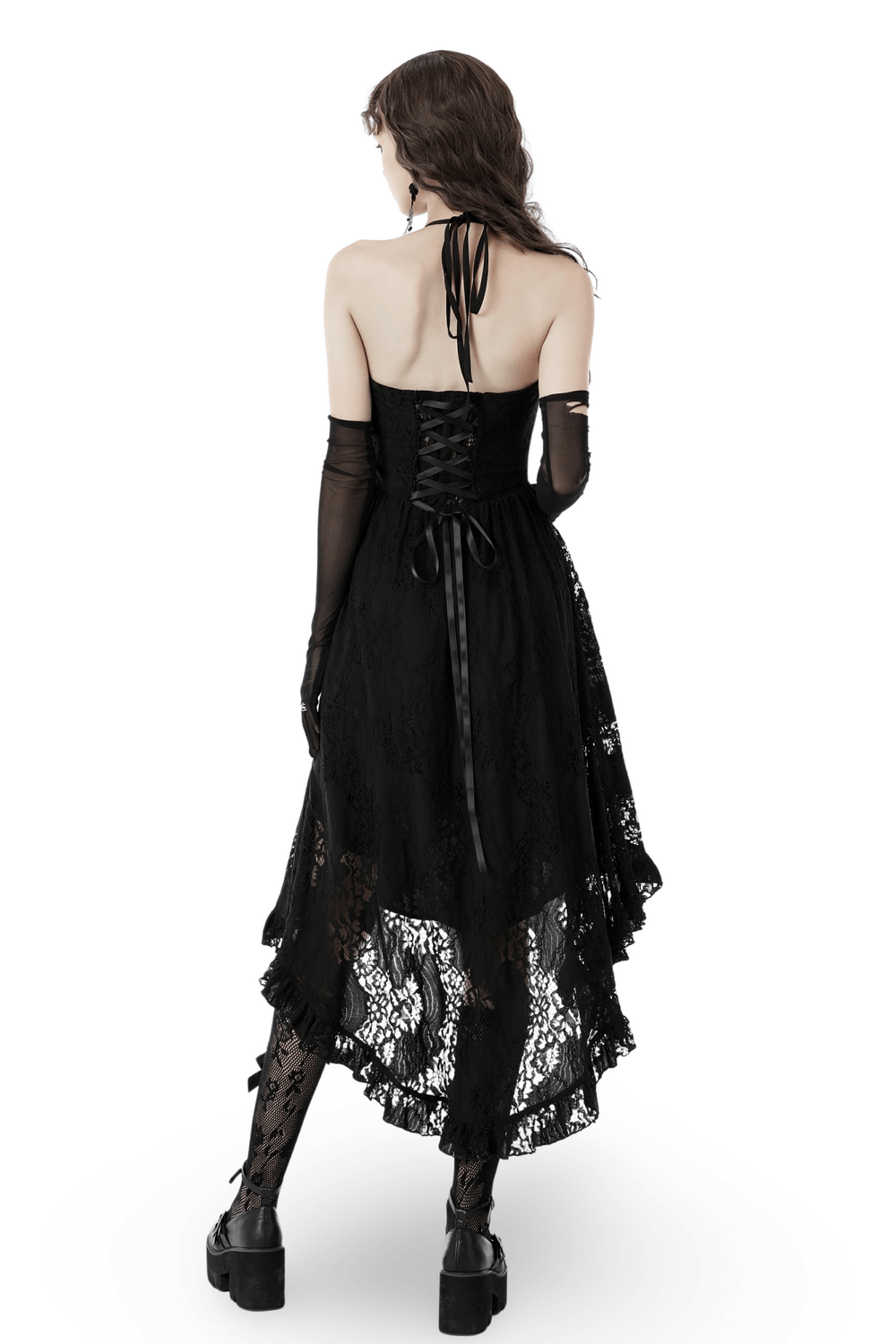 Back view of black Gothic lace hi-low dress, featuring ruffles and a tuxedo-inspired bodice for a gothic look.