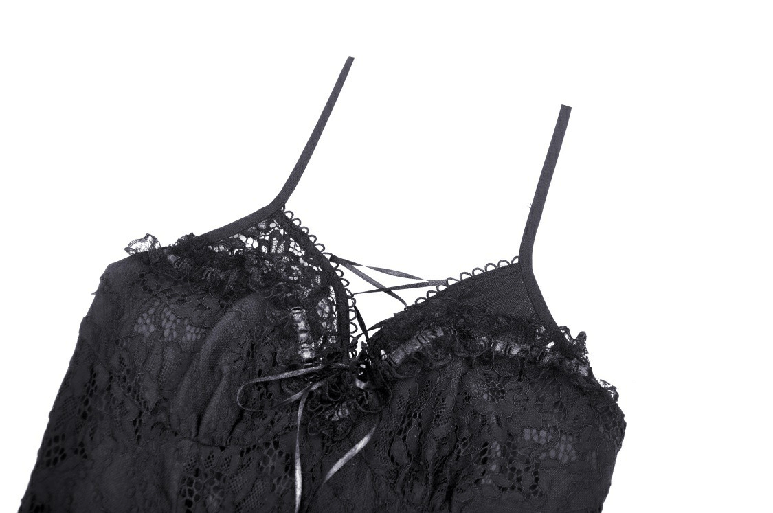 Elegant black lace detailing with ruffles and adjustable straps for a gothic ruffle dress look.