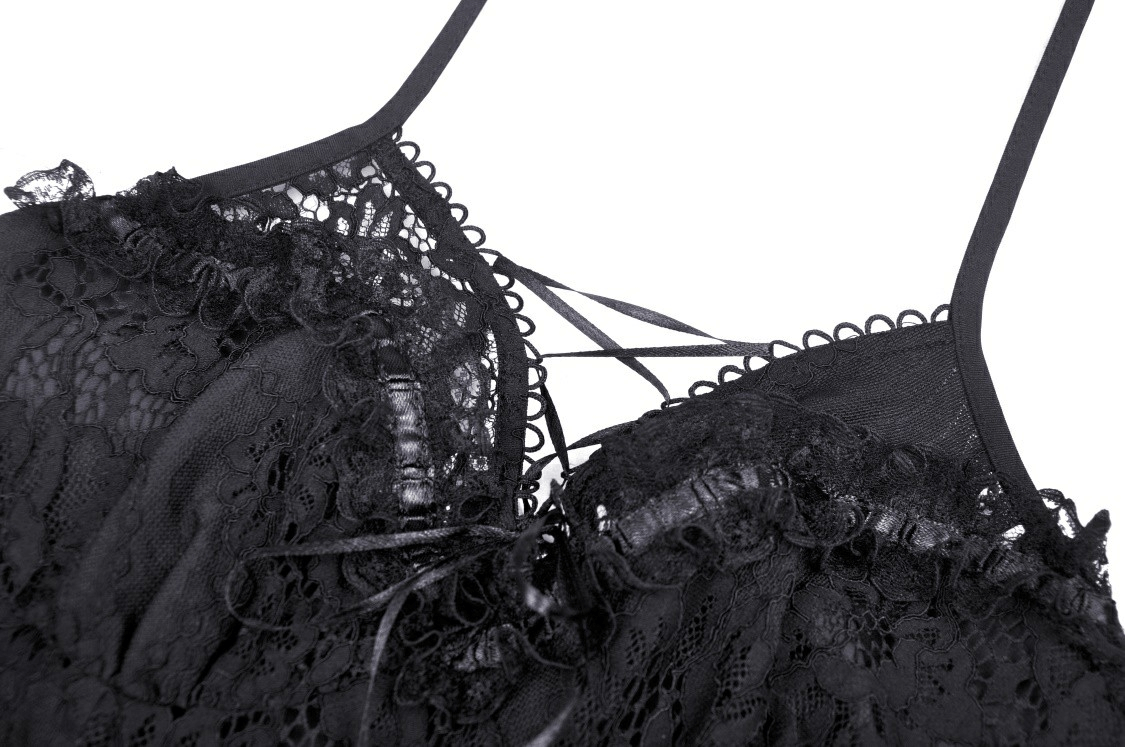 Close-up of gothic black lace dress featuring ruffled detailing and elegant straps for a romantic look.