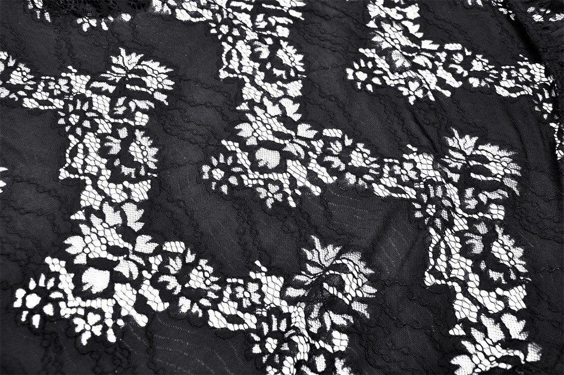 Close-up of intricate black lace pattern with floral motifs for gothic fashion inspiration.