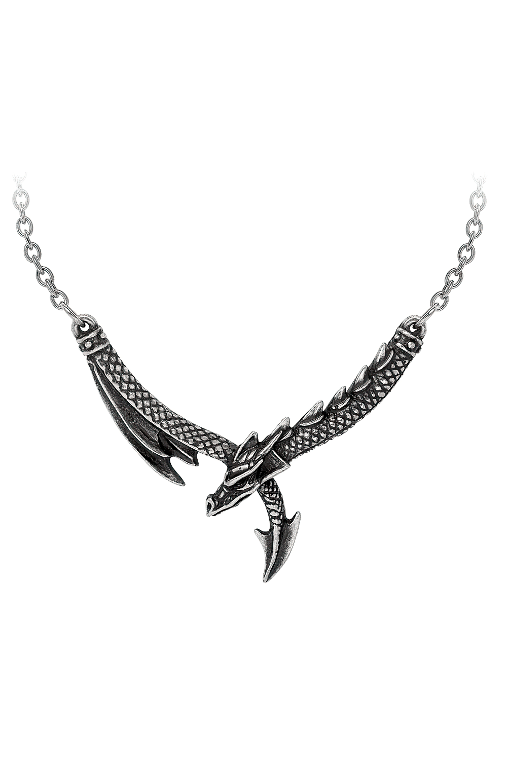 Dragon Pendant Necklace With Gothic Fantasy Design in gray, featuring a sculpted pewter dragon on a delicate chain.