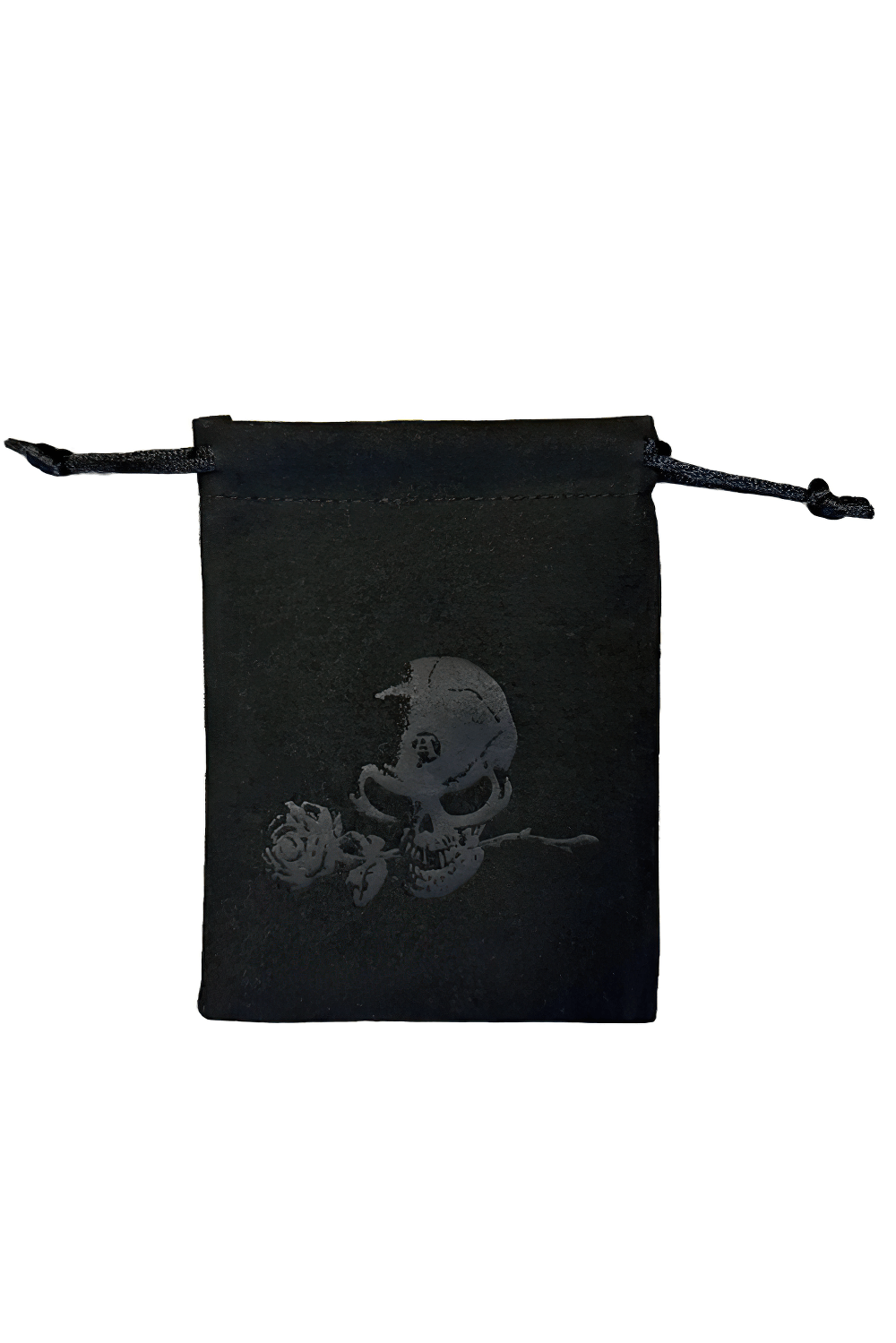 Black pouch featuring a skull and rose design, perfect for gothic jewelry or accessories storage.