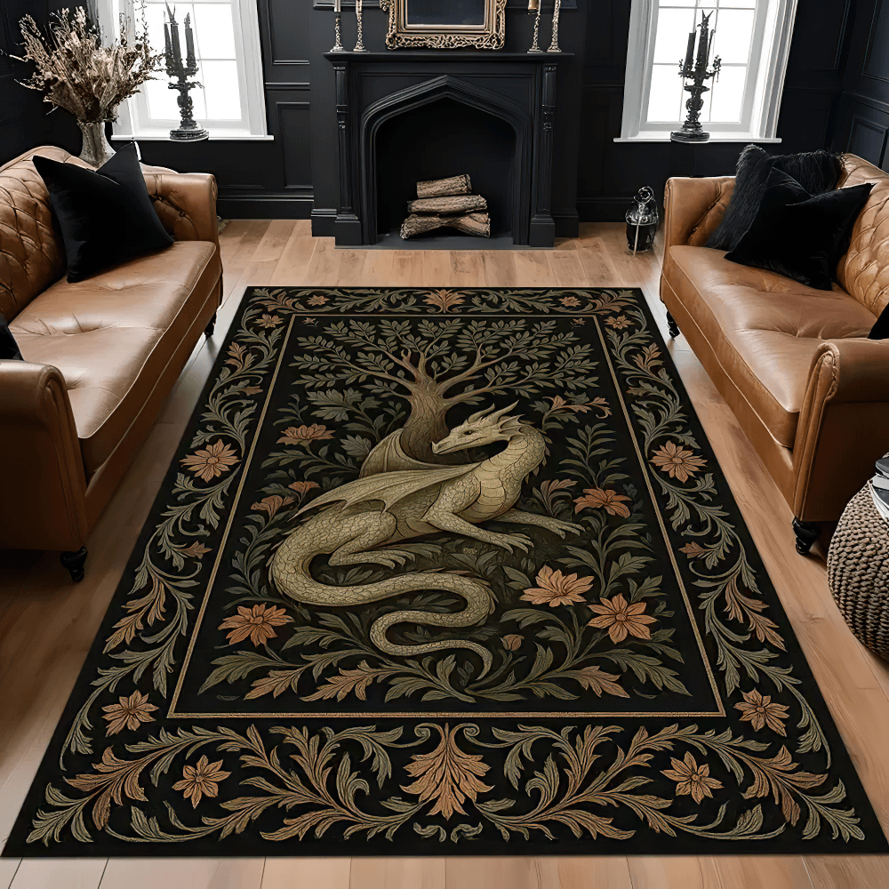 Gothic Dragon Floral Area Rug for Dark Home Decor