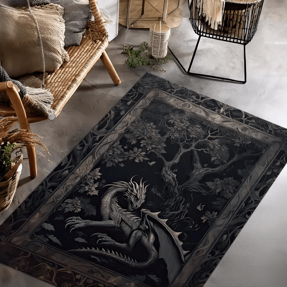 Gothic Dragon Floral Area Rug for Dark Home Decor