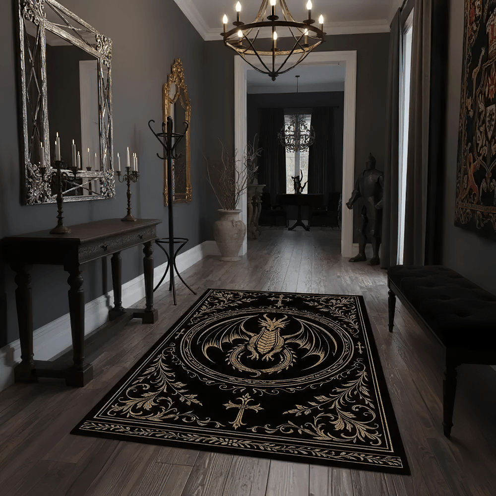 Gothic Dragon Floral Area Rug for Dark Home Decor