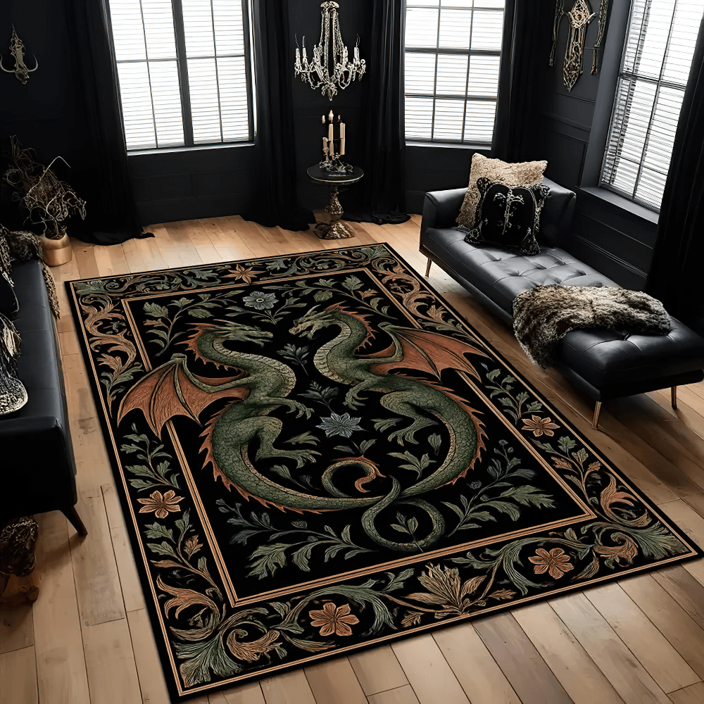 Gothic Dragon Floral Area Rug for Dark Home Decor