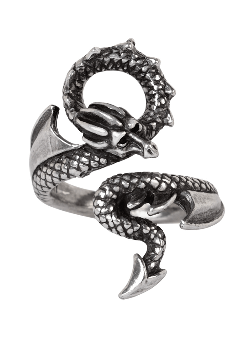 Gothic Dragons Lure Ring in antiqued pewter, featuring intricate dragon coil design, perfect for Gothic fashion lovers.
