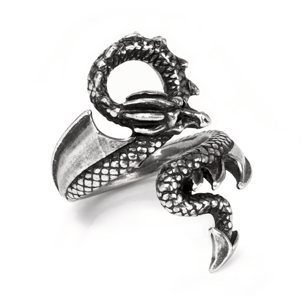Gothic Dragon Lure Ring in antiqued pewter, featuring a detailed coiling dragon design.