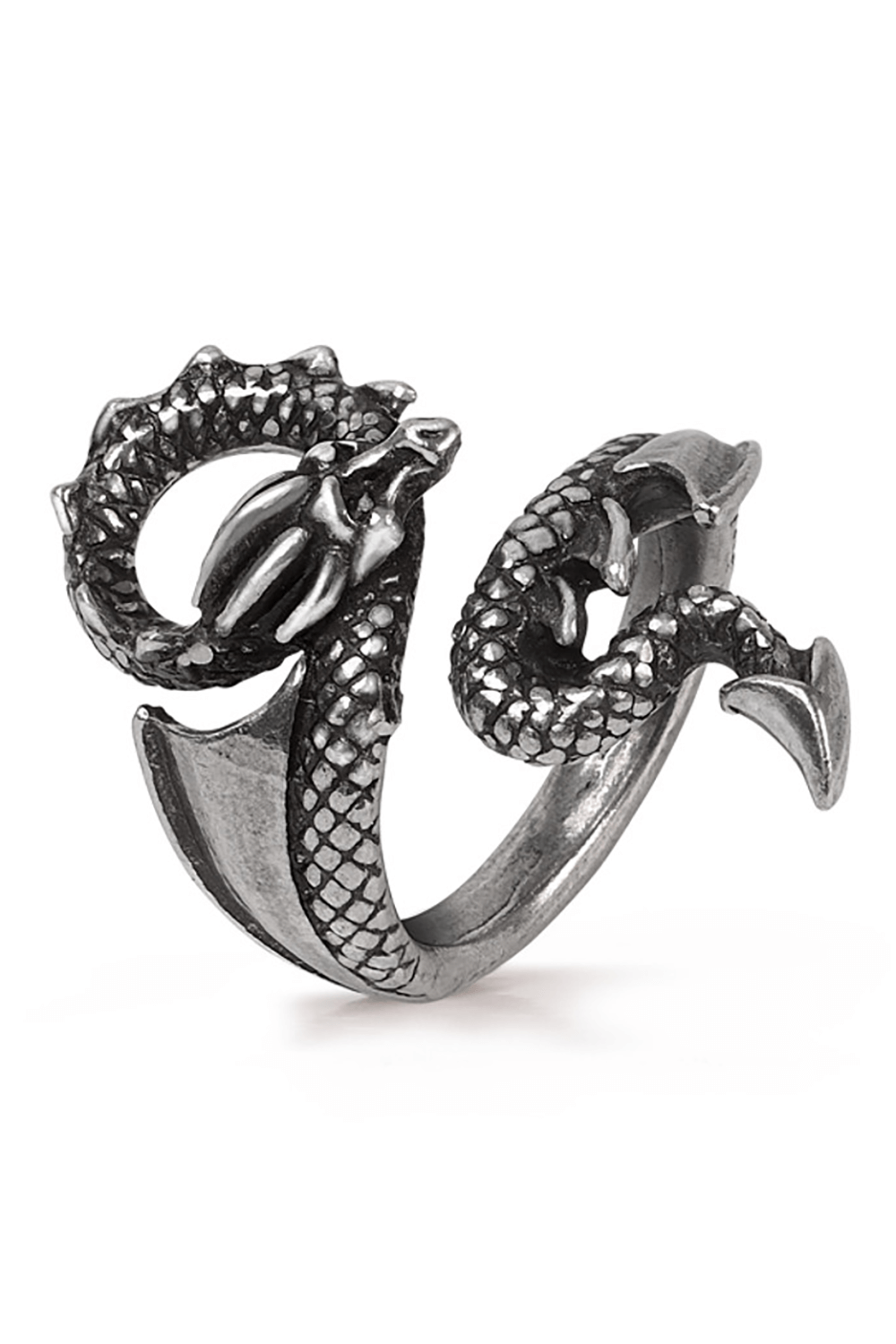 Gothic Dragon Lure Ring crafted in antiqued pewter, featuring a detailed dragon coil design, perfect for unique fashion statements.