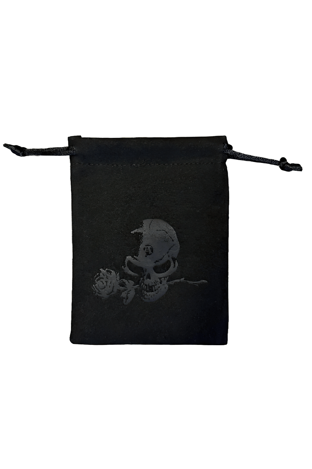 Black pouch with a skull and rose design, perfect for storing gothic jewelry or treasures.