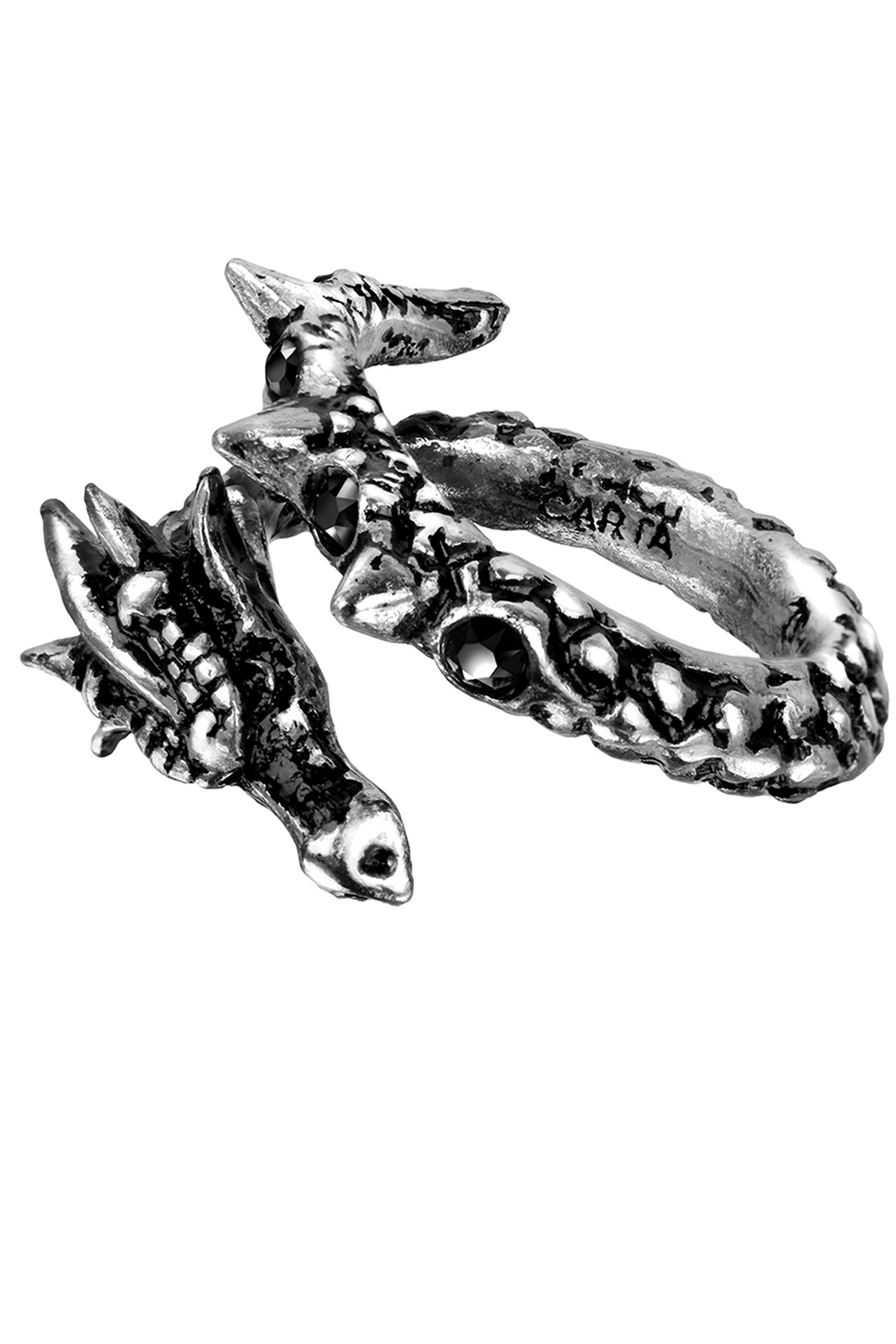 Gothic Dragon-Serpent Ring with Black Crystals, detailed design in fine pewter, perfect for fantasy lovers.