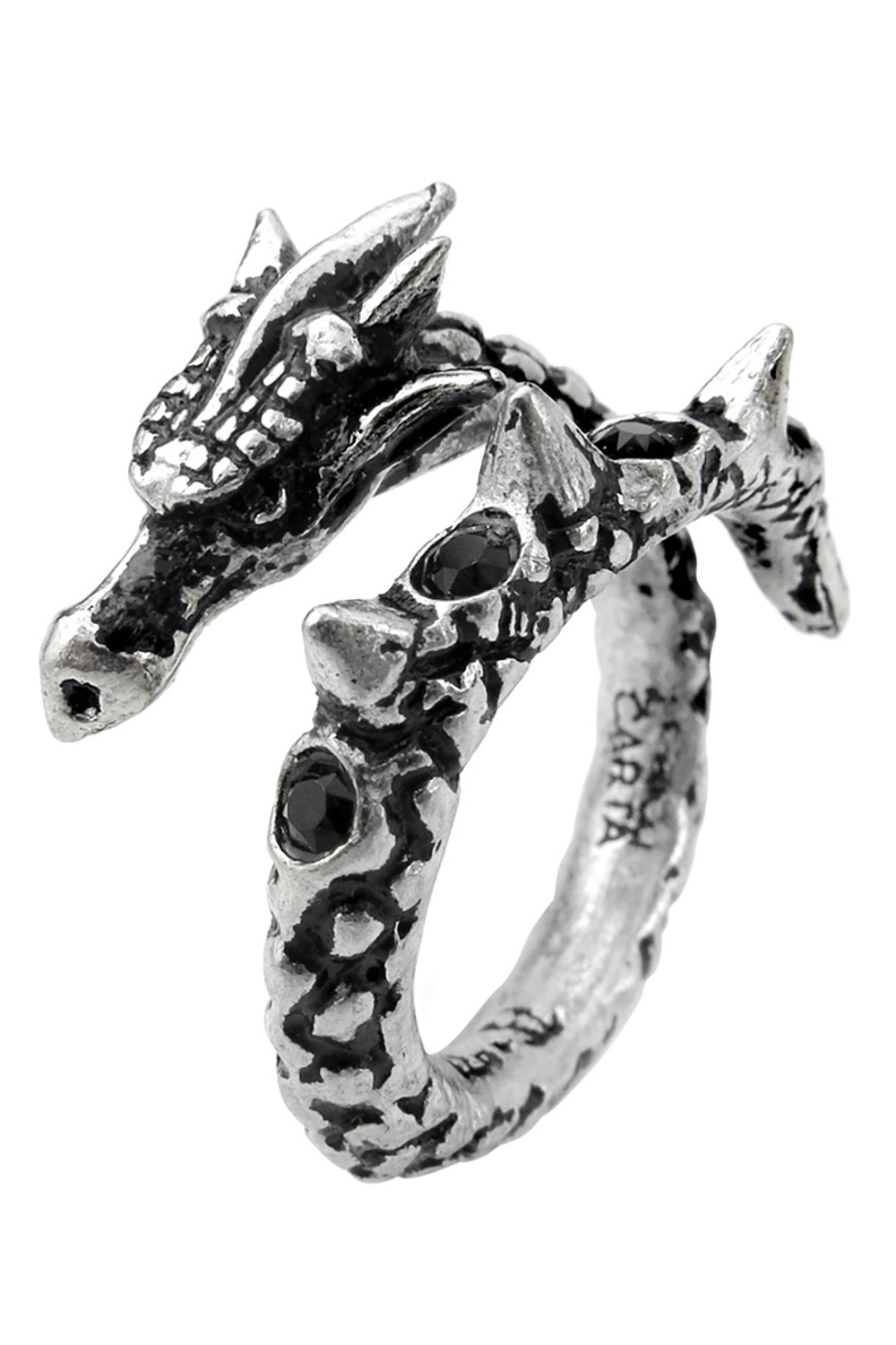 Gothic dragon-serpent ring with black Austrian crystals, crafted from fine pewter, showcasing fantasy chic.