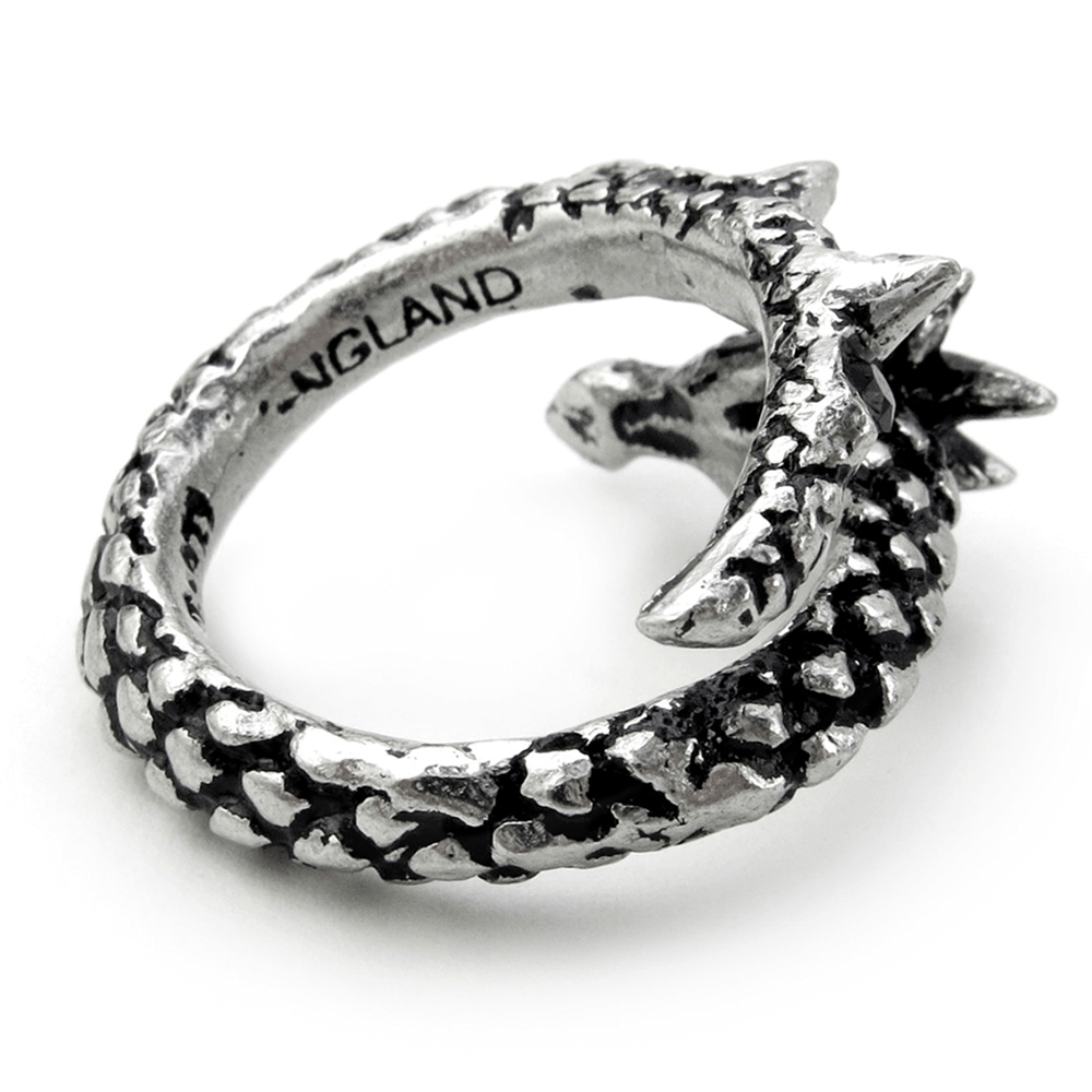 Gothic dragon-serpent ring with detailed design and black crystals, crafted from fine English pewter.