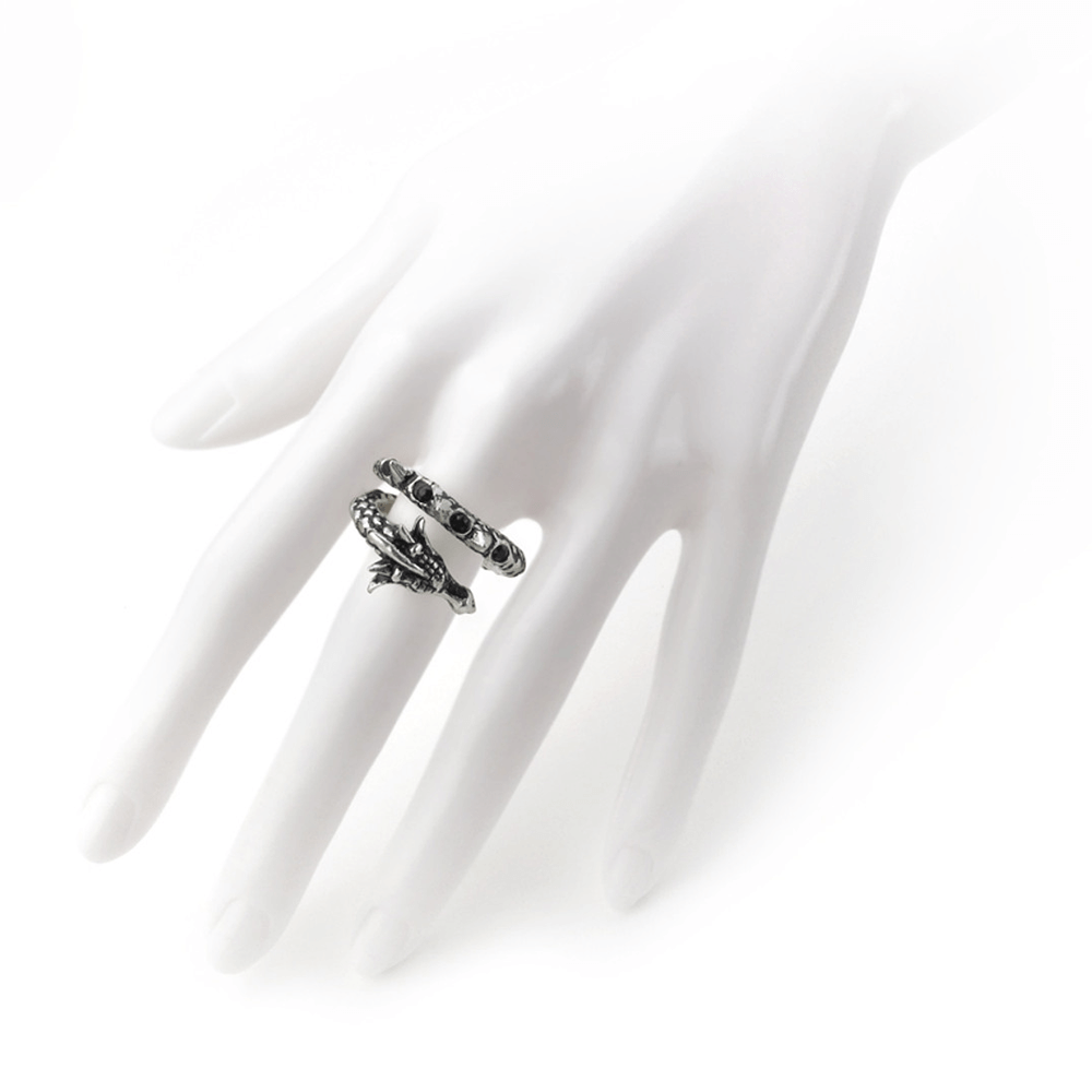 Gothic Dragon-Serpent Ring with Black Crystals displayed on a mannequin hand, showcasing intricate design and adjustable fit.