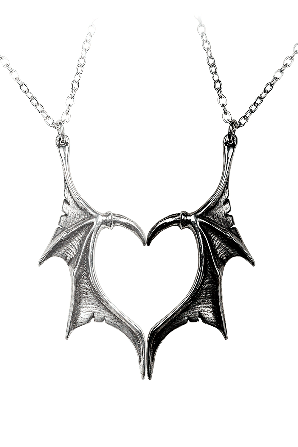 Gothic dragon wing heart pendant set for couples in antiqued pewter, symbolizing unity and dark romance.
