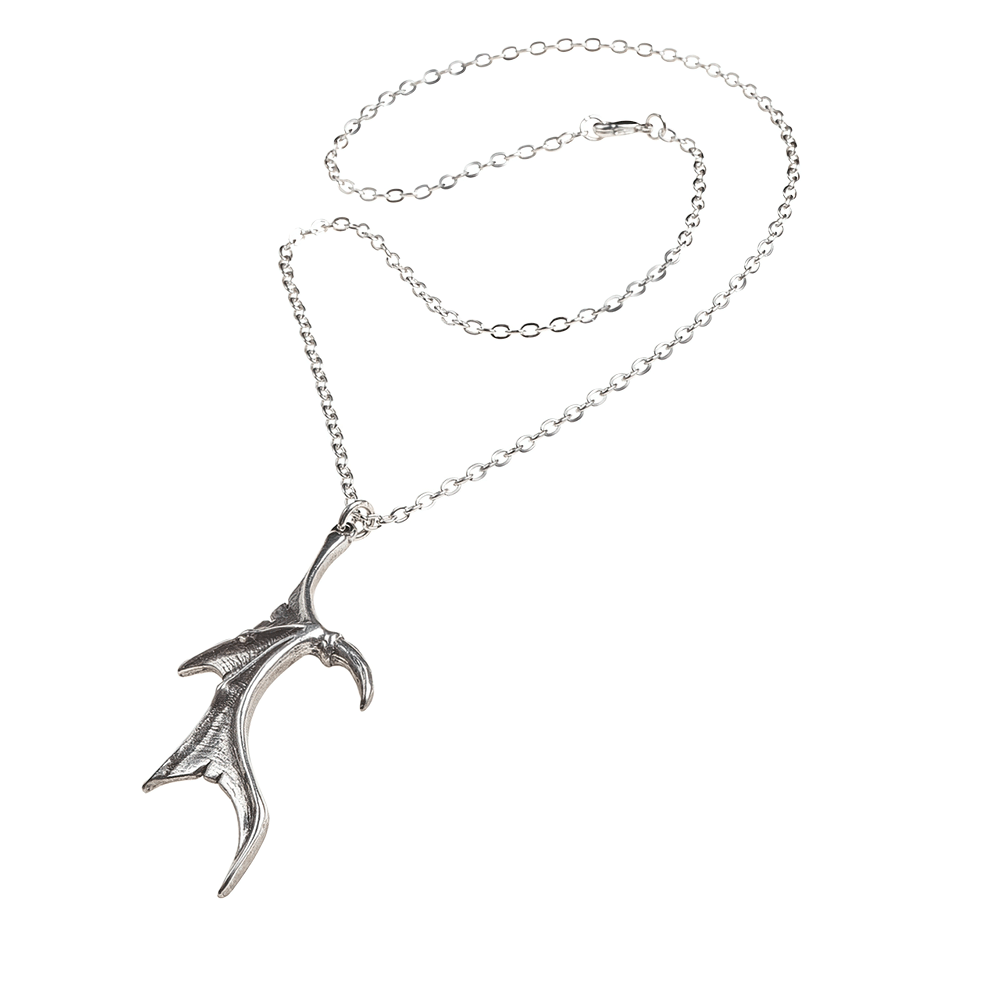 Gothic dragon wing pendant necklace in silver, symbolizing dark romance and unity for couples.