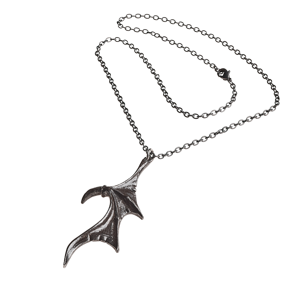 Gothic dragon wing pendant necklace in antiqued pewter symbolizing dark romance and individuality.