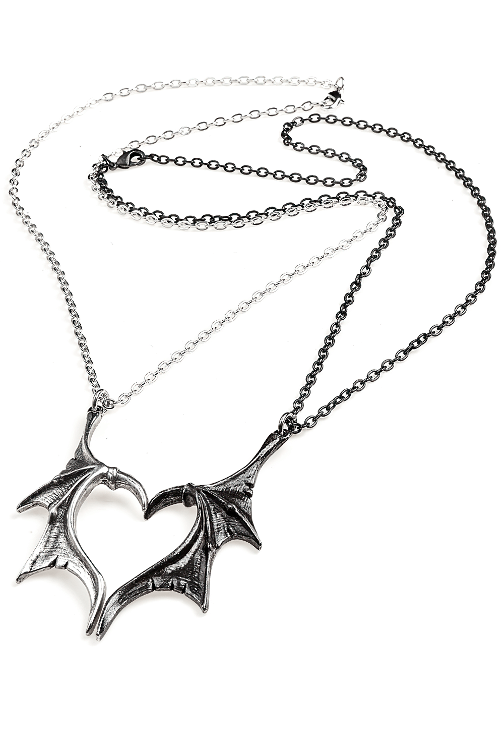 Gothic dragon wing heart pendant necklace set in black and silver, symbolizing unity for couples.
