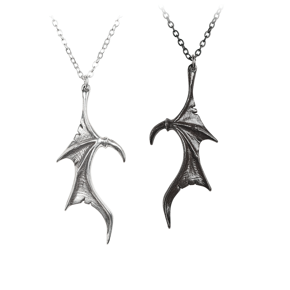 Gothic dragon wing pendants in silver and black, perfect for couples' jewelry symbolizing dark romance and individuality.